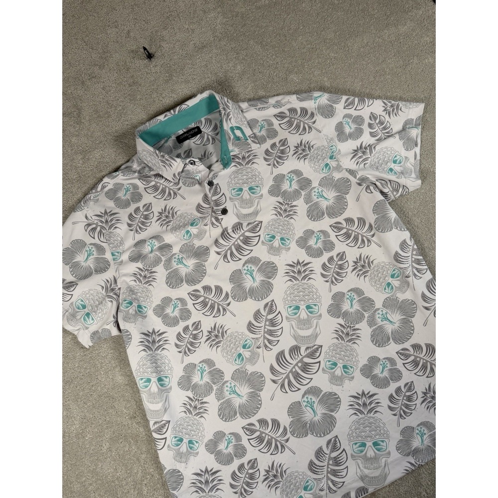 Druids Golf Men's XXL Pineapple Skull & Hibiscus White & Teal S/S Polo Shirt